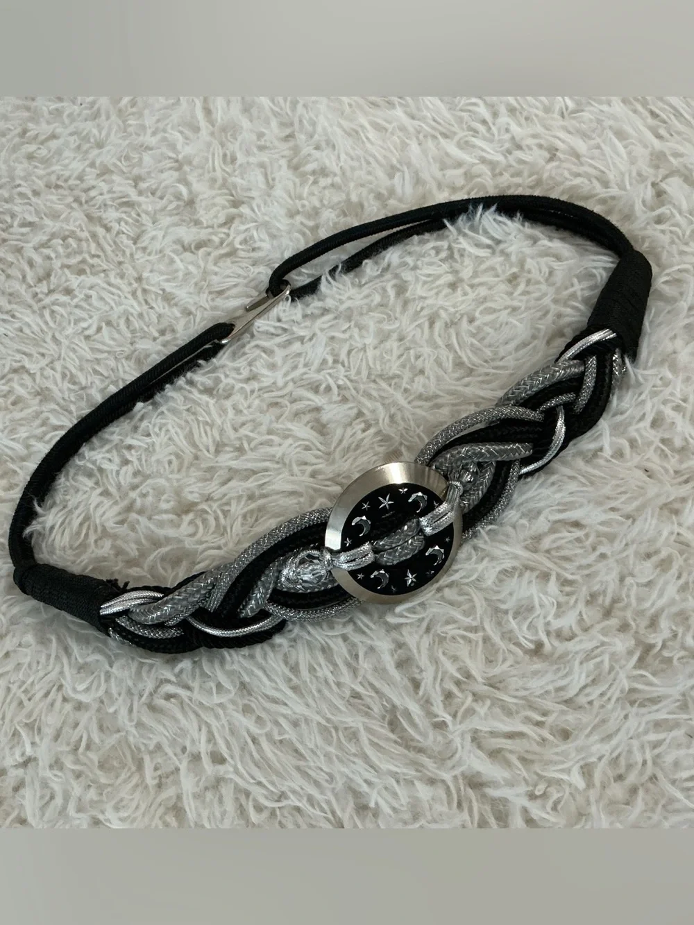 Vintage 80s Black Braided Macrame Belt Chunky Medallion Boho Star & Moon M/L